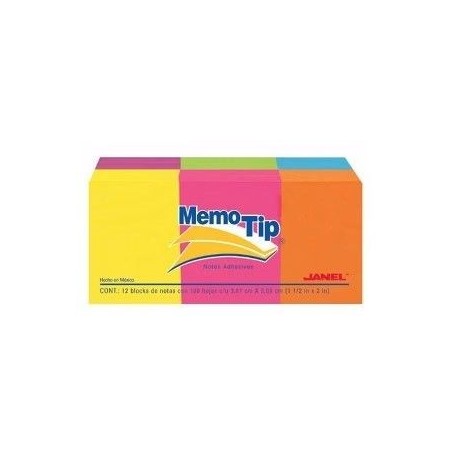 Notas Adhesivas 1.5'' X 2 '' (3.81 x 5.08 cm), Memo Tip, Colores Neón, Paq/12 Blocks con 100 c/u